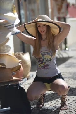 Stella Cox at Girlfolio | Enjoy this 'reality' style bonus movie of Stella as she enjoys a refreshing drink and chats to us about the new sun-hat she's just bought.... See previous update.There's an attempt from Stella at speaking Portuguese – not very good – but who cares?...when we're distracted by Stella's skimpy vest, short skirt and yellow underwear.