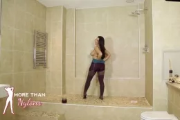 Jodie Gasson at More Than Nylons | \'Get a girl wearing played nylons all covered in something sweet and sticky and then get her all wet min the shower\' you ask? Oh go on then, why not. A little bit of BTS action with Jodie being the girl in question. Sticky honey, sweet curves and hot water. What a combination.