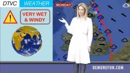 Fiona Jane at Demure Fun | Demure lady Fiona Jane is preparing to present the DTVC Channel Weather Report when the wind starts blowing and gets up her dress, the rain then comes down and Aaliyah then makes her way to the races..