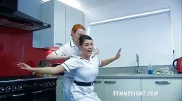 Cherry Blush at Femme Fight | Nurse Cherry Blush is rather surprised when Antia enters the kitchen. Antia tells her she is there to relieve Cherry from her shift but Cherry's shift has only just started..and she doesn't recognise the so called new nurse..