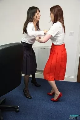 Office at Femme Fight | Office Manager Holly Kiss tells the job applicant, Cindy Read that she is just too over qualified for the role she's   applied for. What Holly doesn't know though is that Cindy is fed of the constant rejections and someone is going to pay!