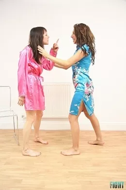 French Chloe Vs Cindy Read at Femme Fight | These satin clothed glamour girls go at each other in this fast paced, clothing destruction, hair pulling catfight.