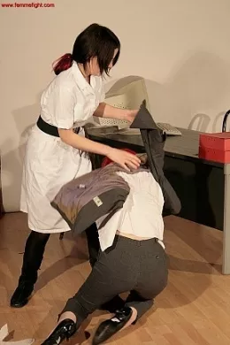 Getting Fired! at Femme Fight | Nurse Charlotte has been called in to see the Hospital manager, who also happens to be her twin sister. She thinks she knows what it's about. She's not been performing her duties that well lately, but ever since her sister got promoted, she's been seething with anger and resentment. So when her sister tells her she's fired, she sees red and launches for her, determined to take her down a peg!