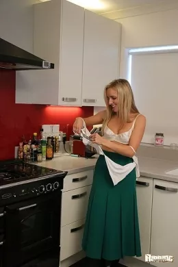 Toni at Ripping 4 Fun | We find Toni in the kitchen, she is wearing a long, lose, green cotton skirt and a white cotton top but she knows you are far more interested in something else and she agrees offering you something better. She decides to tease you by trashing her outfit completely, her skirt, her blouse, slip, cami top, bra & pantyhose all go!