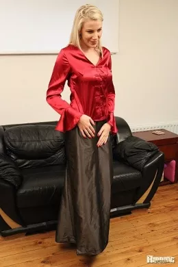Dannielle Maye at Ripping 4 Fun | Beautiful blonde Danielle Maye looks simply fantastic in her satin blouse and skirt and it's hard to believe she is about to completely trash the whole outfit just for us