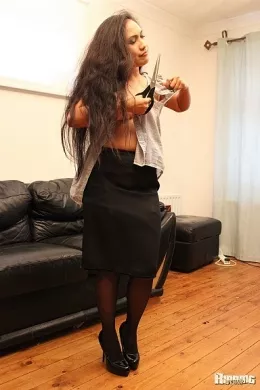 Amy Latina at Ripping 4 Fun | Lovely Amy Latina has a lot of fun ripping open her blouse, buttons popping all over the place, before turning her attention to her skirt and stockings