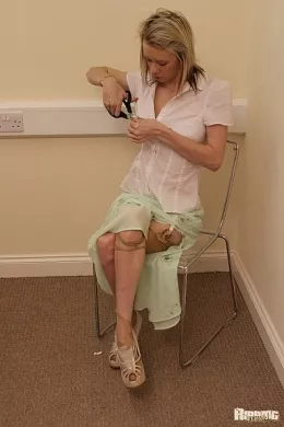 Stacey W at Ripping 4 Fun | Lovely Stacey W looks very demure and sophisticated in her green skirt and button up white cotton blouse but she's about to completely trash her whole outfit