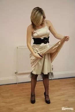 Melanie Is Her Satin Cocktail Dress at Ripping 4 Fun | Melanie Welsh looks fantastic in her satin evening cocktail dress, go on Melanie, give us a twirl...Can you believe she is moments away from having a seriously fun ripping and tearing frenzy ans simply trashes the dress!