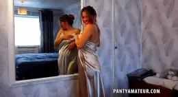 Siobhan Graves at Panty Amateur | Barefoot Siobhan Graves is wearing a strap top long silver shiny satin chemise and a pair of lacy beige satin front and lace back full back panties